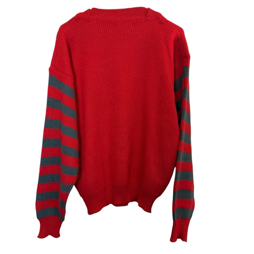 Vintage DJ Smash Red Sweater with Gray Stripes and Embroidered Motif Sz L - Picture 3 of 8